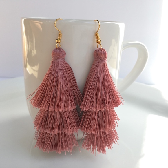 Tiered Tassel Drop Dusty Rose Dangle Earrings - Picture 7 of 8